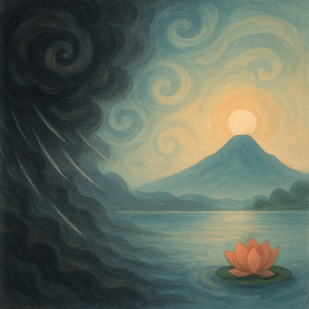 Ein Gewitter über einem See weicht der aufgehenden Sonne und einer Seerose