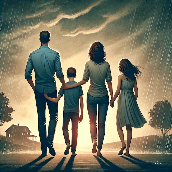 Eine Familie läuft durch einen Regenschauer